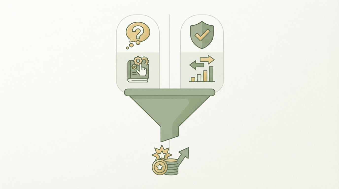 a two-column comparison layout showing "top of funnel" content examples on the left (question mark, how-to icon) versus "bottom of funnel" content examples on the right (checkmark, comparison arrows), with a simple funnel shape connecting both to a single conversion icon at the bottom