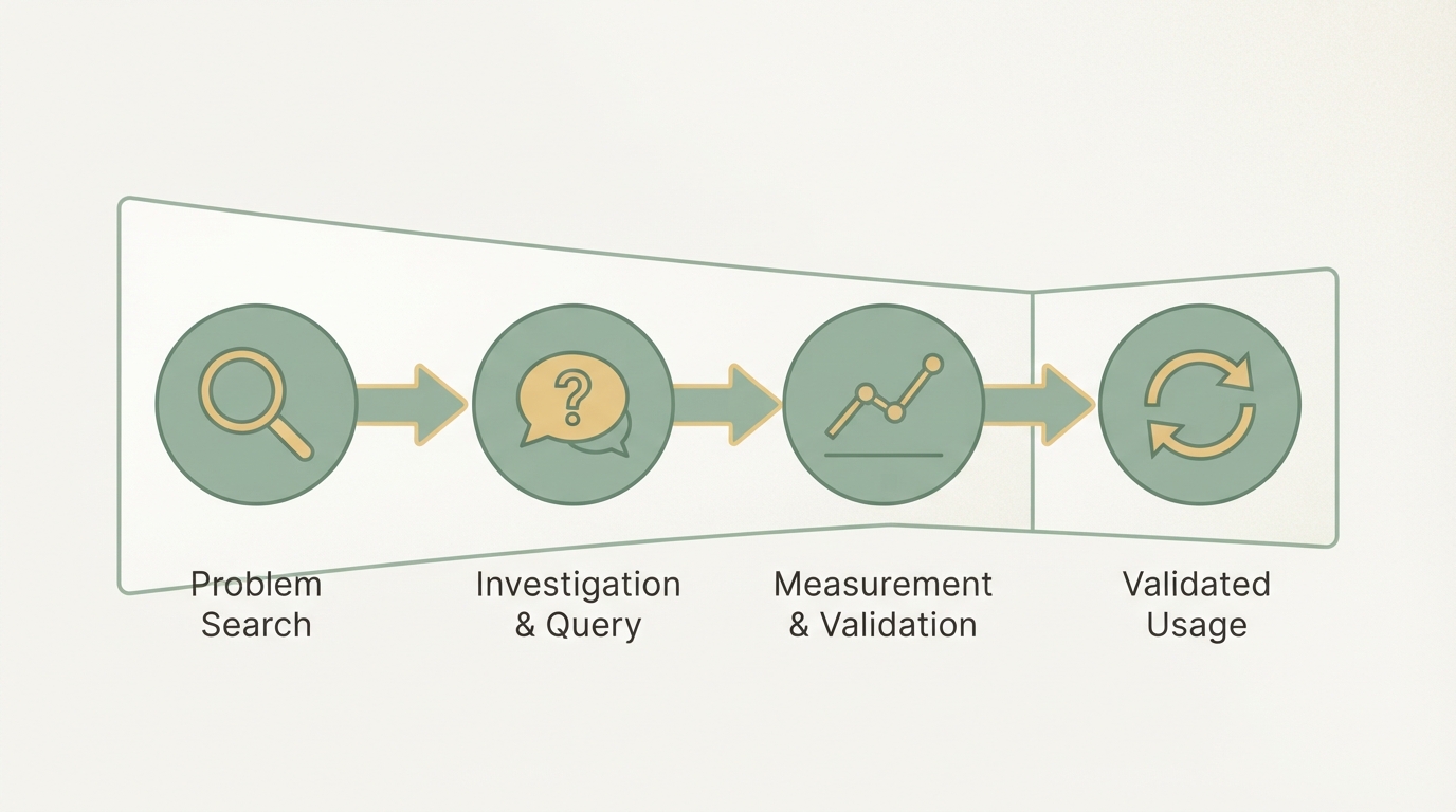 a simple horizontal funnel diagram with four labeled stages represented by icons only — a magnifying glass, a chat bubble with a question mark, a rising line chart, and a repeat-arrow loop — connected left to right by arrows, showing the progression from problem search to validated usage pattern