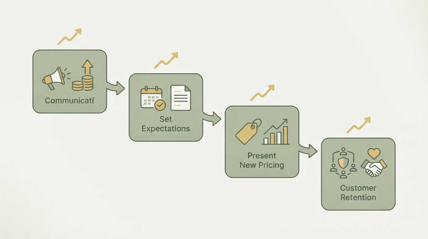 a four-stage progression shown as a diagram with arrows between boxes: top left "communicate value" → "set expectations" → "roll out new pricing" → bottom right "retain customers", icons above each box show an upward curve