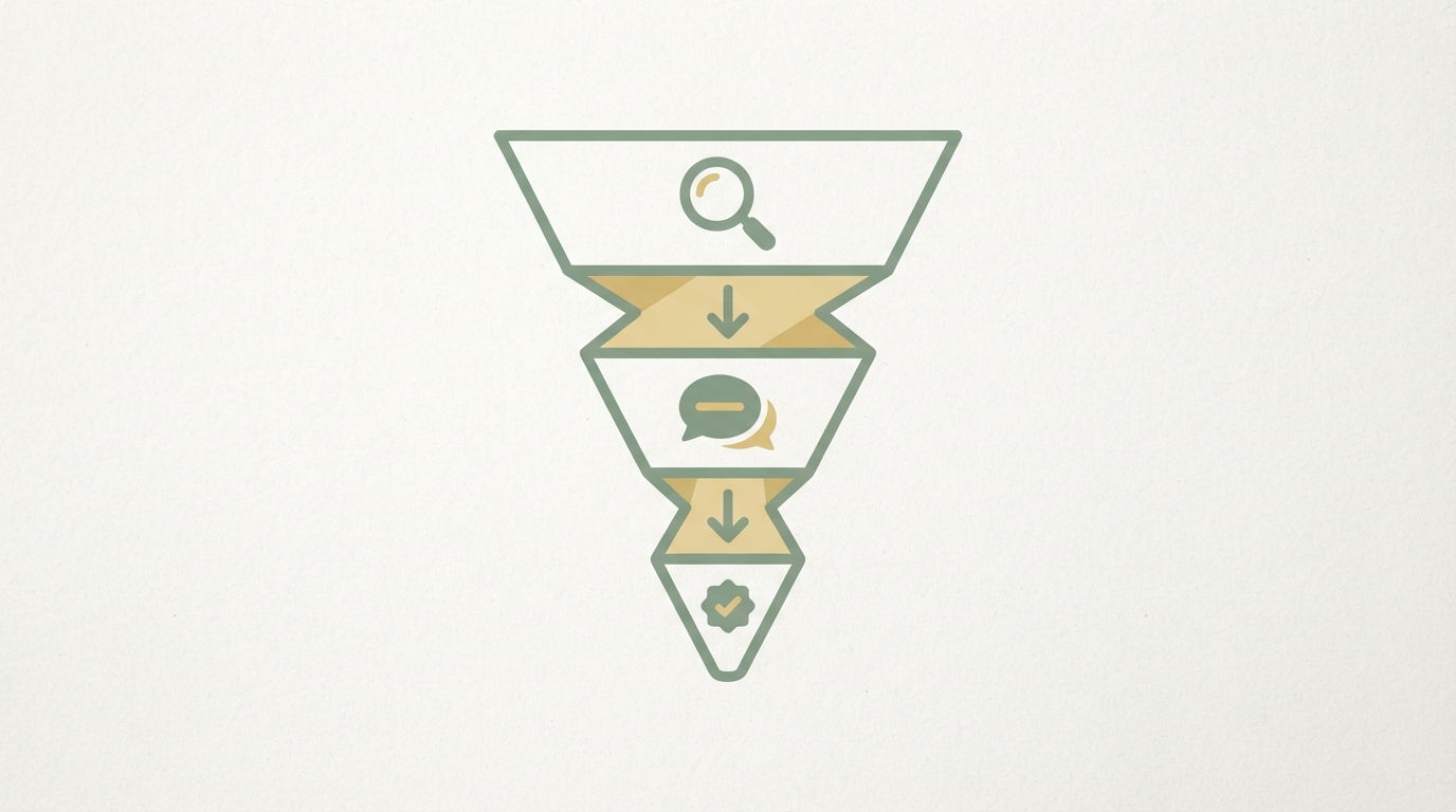 simple funnel diagram with three stacked stages labeled by icon only, a magnifying glass at top for finding the target person, a speech bubble in the middle for direct outreach conversations, a small checkmark badge at the bottom for paying customer, arrows pointing downward, minimal flat design, no text
