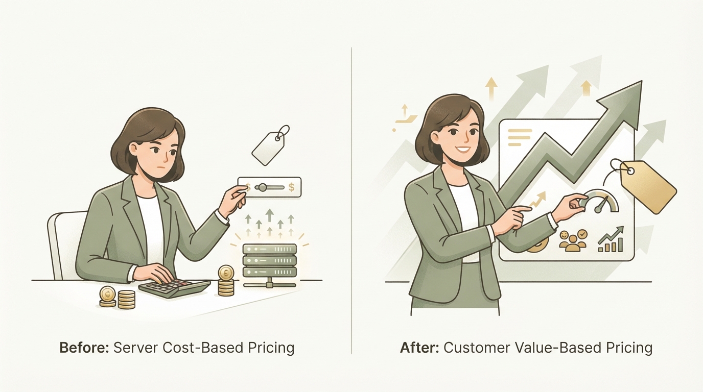 before and after comparison showing a founder setting price based only on server costs on the left labeled with a small coin icon, versus setting price based on customer value on the right labeled with a larger growth arrow icon