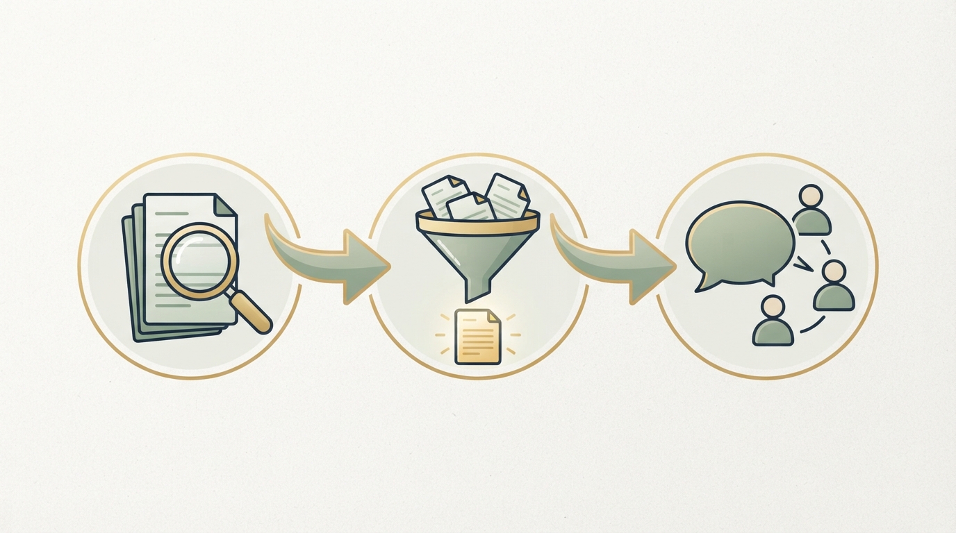 simple three-step framework diagram, step one shows a magnifying glass over a stack of documents, step two shows a funnel filtering into a single highlighted document, step three shows a speech bubble with a small group of person icons around it, arrows connecting left to right, clean flat icon style