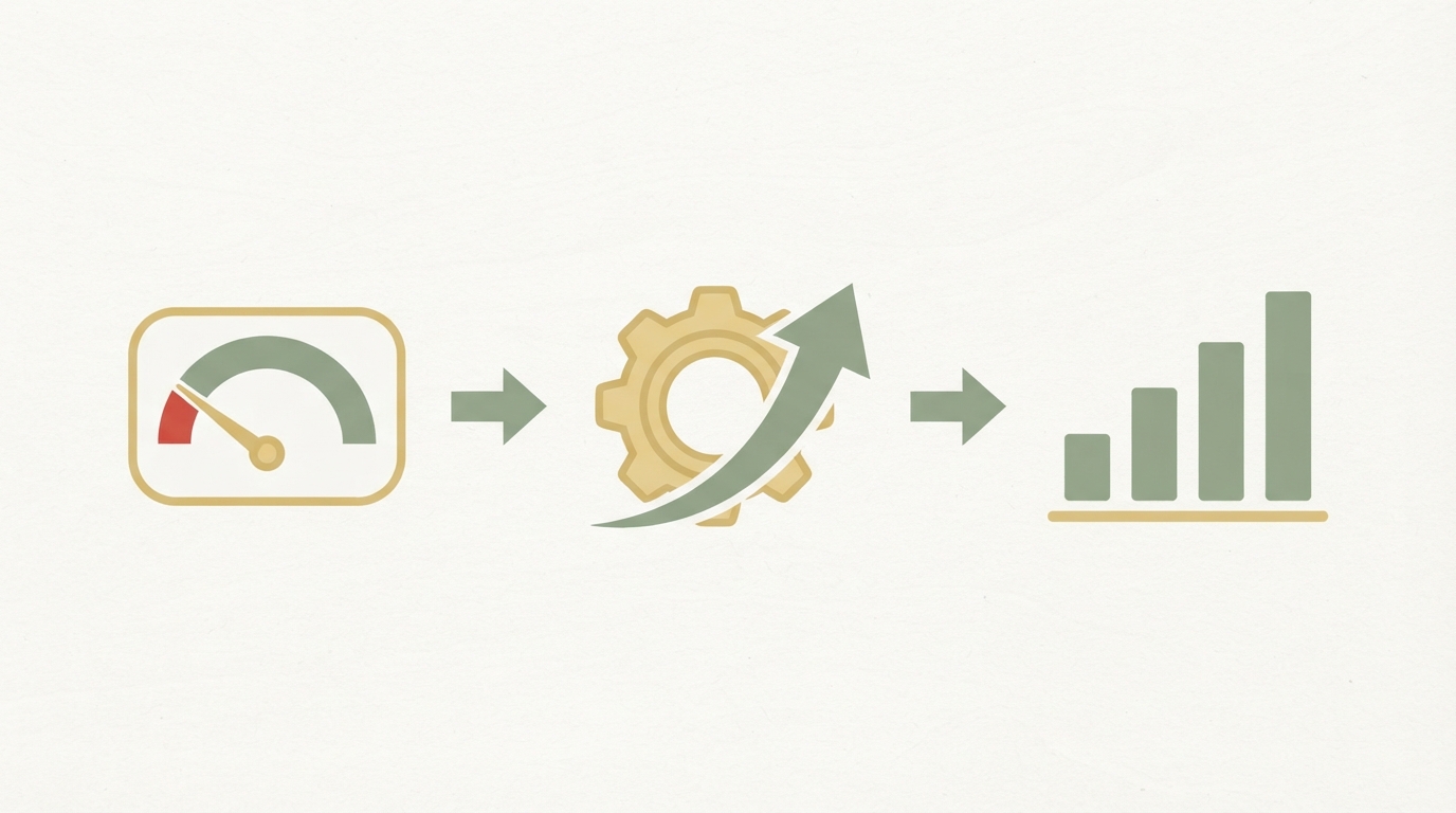 three-stage flow diagram shown as icons left to right: first a fuel gauge icon at low level labeled "Testbudget", second a gear icon with upward arrow labeled "Schrittweise Erhöhung", third a bar chart growing upward labeled "Skalierung" — clean flat design, no text on icons