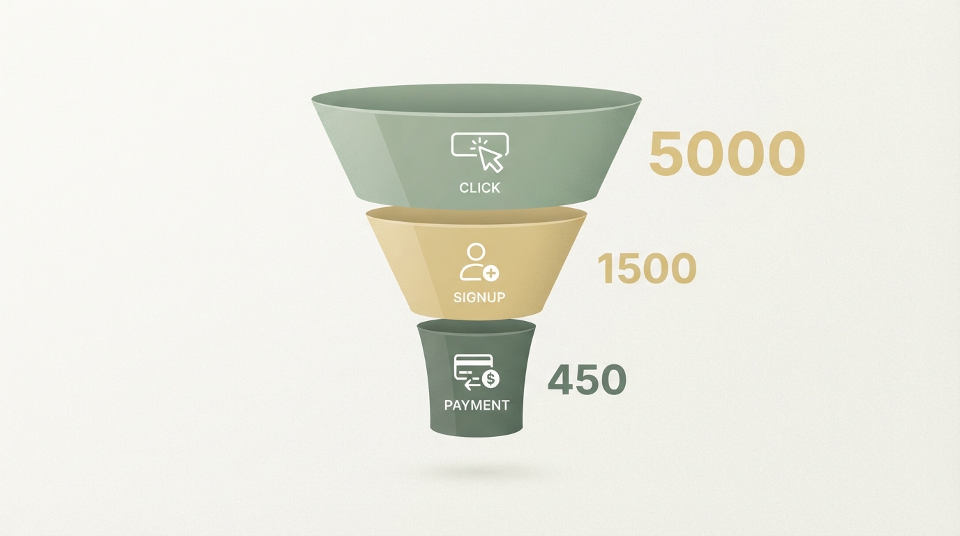 simple funnel diagram with three stacked stages, top labeled with a click icon, middle with a signup icon, bottom with a payment icon, numbers narrowing from top to bottom
