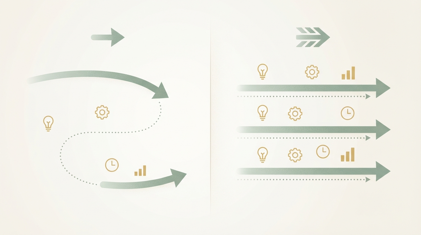 side-by-side comparison of two ad creative timelines, one labeled with a slow single-round arrow and one with three fast parallel test arrows, icons only, no text