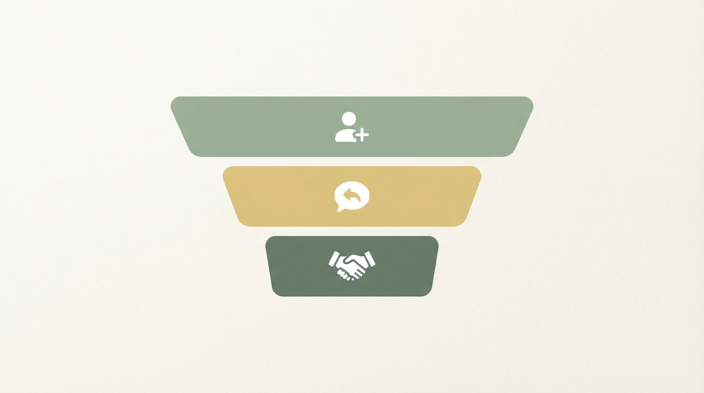 simple funnel diagram with three horizontal bars shrinking in width, top bar largest labeled with a person icon for connection requests, middle bar labeled with a chat icon for replies, bottom bar smallest labeled with a handshake icon for real conversations, clean minimal flat style, no readable text