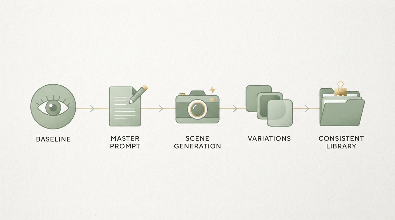 step-flow diagram with five connected icons left to right: eye icon for baseline, document icon for master prompt, camera icon for scene generation, three overlapping squares for variations, stacked folder icon for consistent library