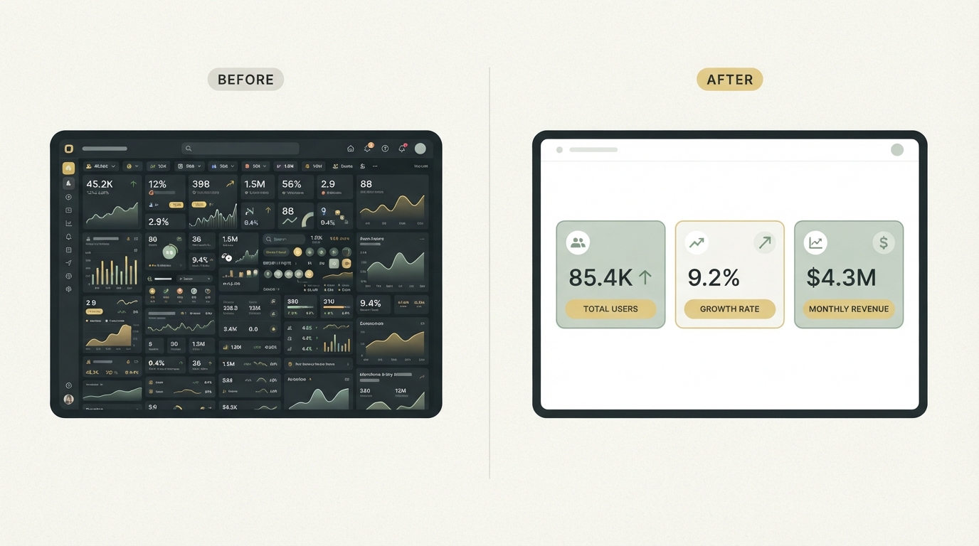 a two-column before-after comparison, left column showing a cluttered dashboard with many small disconnected numbers and icons, right column showing a clean minimal dashboard with exactly three highlighted metric cards
