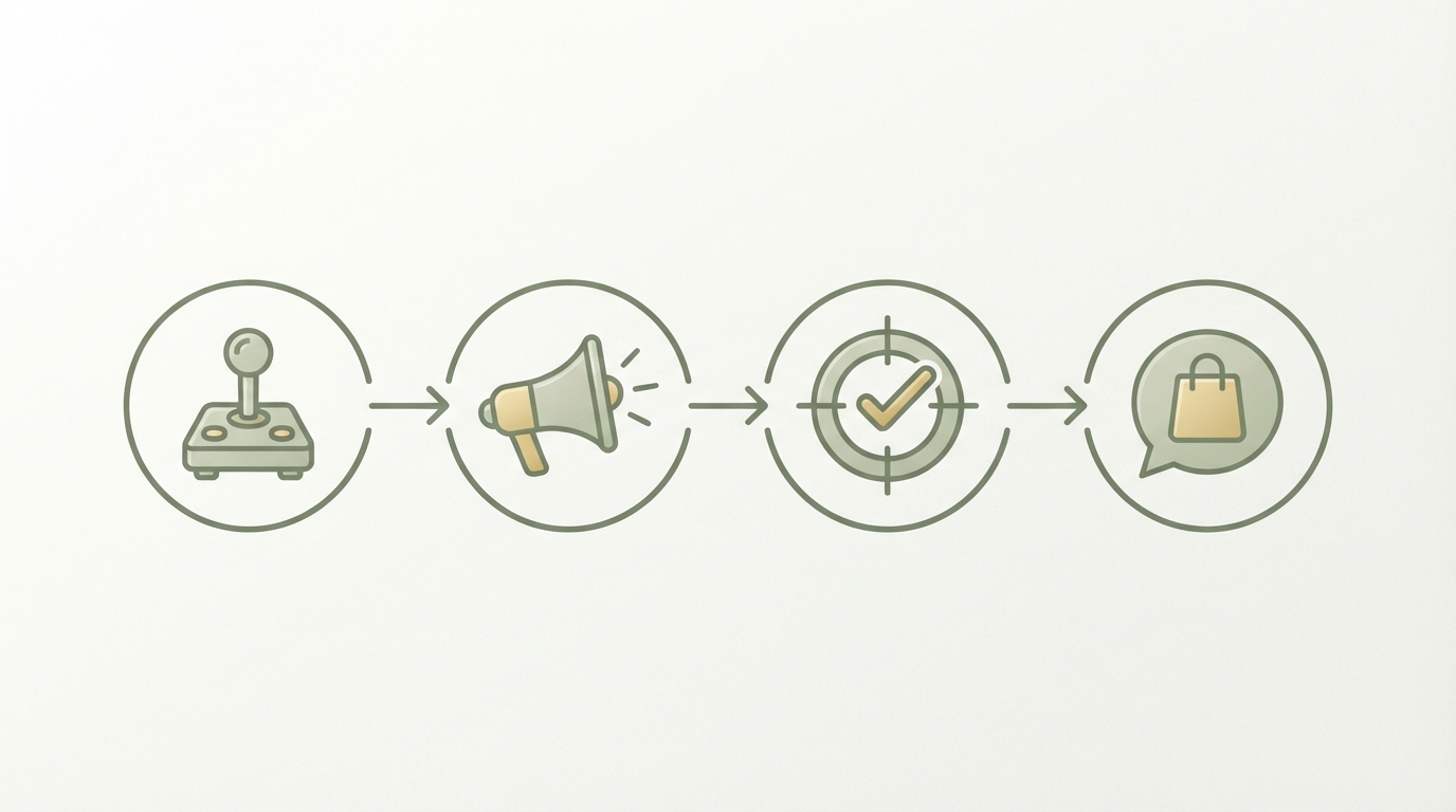 four numbered stages shown side by side as simple icons connected by an arrow — stage one a small joystick, stage two a megaphone, stage three a checkmark target, stage four a chat bubble with a shopping bag, flat minimal line style, no readable text