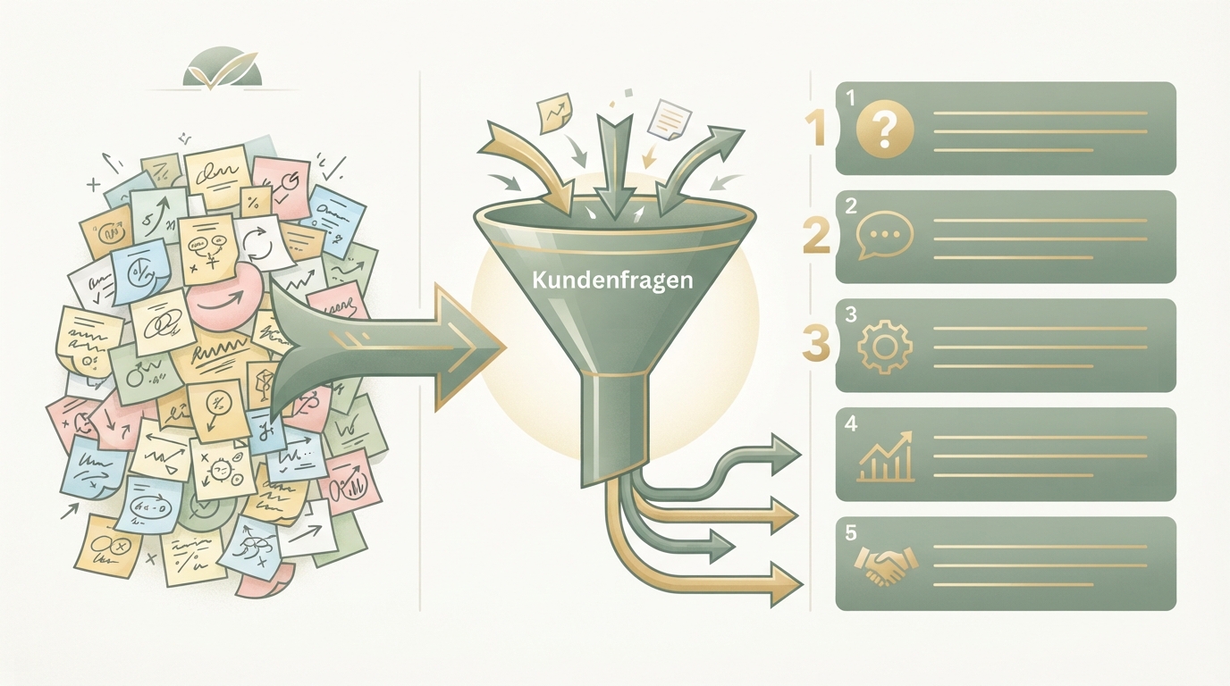 three-column visual showing left: a messy pile of random sticky note ideas; center: a filter funnel labeled "Kundenfragen"; right: a clean numbered list of five specific questions — arrow flow from left to right