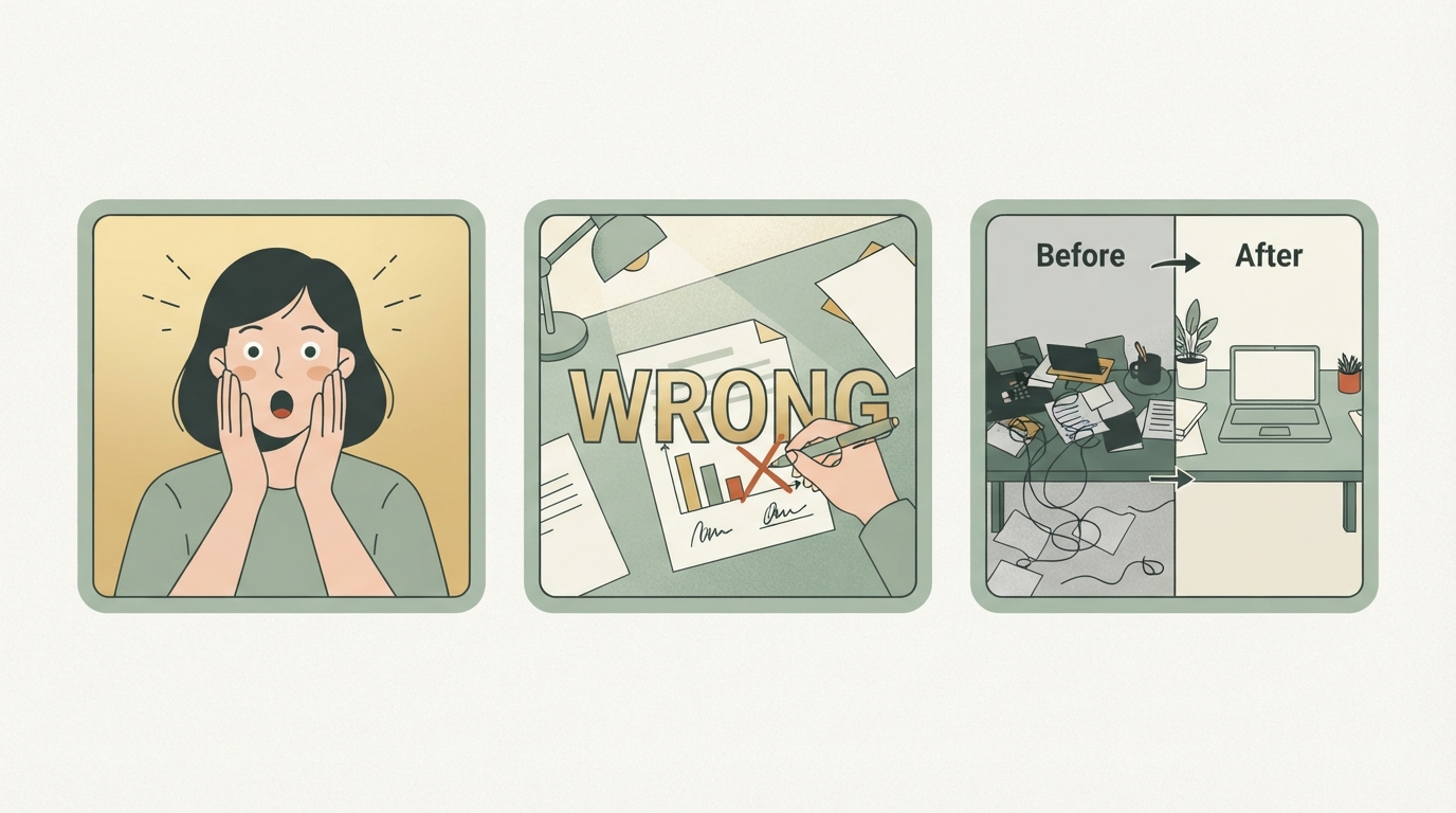 three video thumbnails side-by-side showing different opening hooks: left shows a shocked face, middle shows text overlay saying "wrong", right shows a split-screen before/after scenario