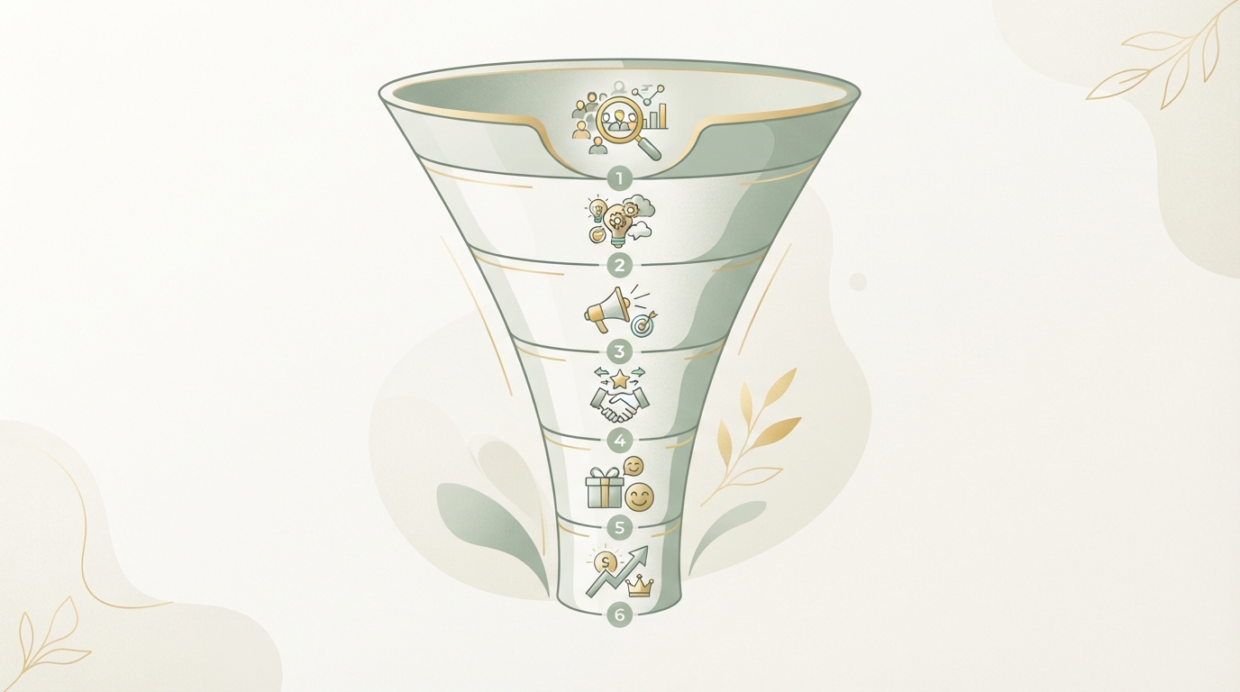 simple funnel diagram with six numbered stages flowing top to bottom, icons only: magnifyi