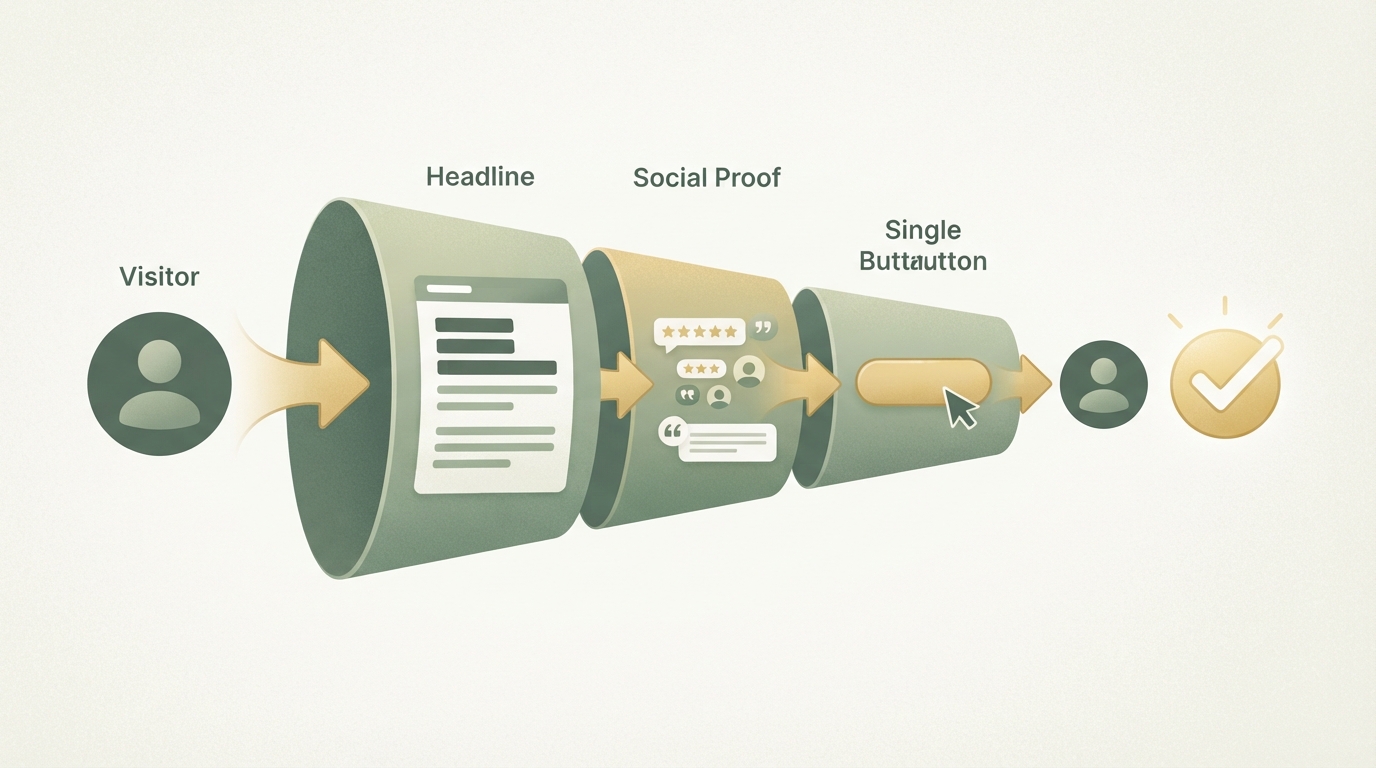three-stage funnel diagram showing a visitor icon flowing through headline, social proof and single button stages toward a checkmark, left to right with arrows