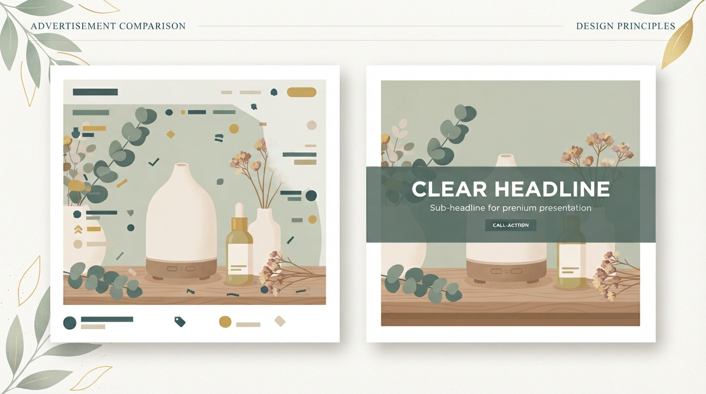 two rectangular ads side by side — left shows a product image with tiny, low-contrast text scattered across it in various colors and sizes, right shows the same image with one large, white headline centered on a semi-transparent dark bar, strong contrast and instant clarity