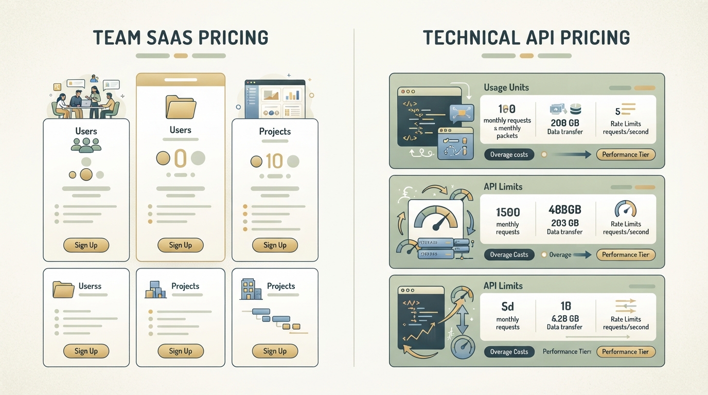 two-column comparison of a simple team SaaS pricing page versus a technical API pricing page, left showing users and projects, right showing usage units and API limits, no readable text