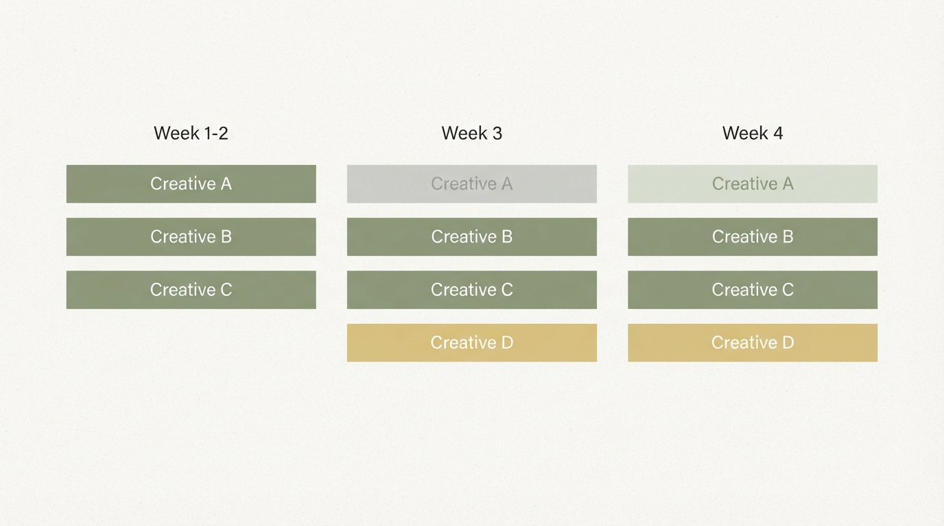 three-stage creative rotation timeline shown left to right—week 1-2 shows three parallel horizontal bars labeled Creative A, B, C running together; week 3 shows Creative A grayed out and paused while Creative D launches as a new bar; week 4 shows Creative A restarting in a lighter shade to indicate recovery