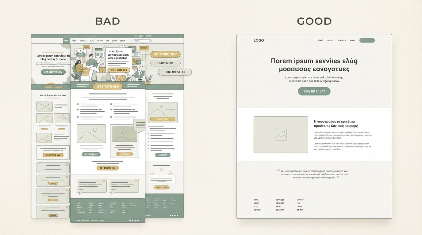 two-column comparison mockup of a landing page: left side labeled BAD shows cluttered layout with multiple buttons and nav menu, right side labeled GOOD shows clean single-column layout with one headline and one call-to-action button centered, flat design wireframe style, no readable text