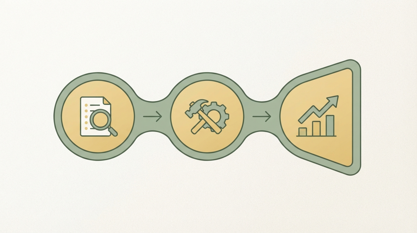 a simple horizontal funnel diagram with three connected stages, icons only: a magnifying glass over a document (validation), an arrow to a small hammer and gear icon (build), an arrow to an ascending bar chart icon (grow), clean minimal flat icon style, left to right, no readable text