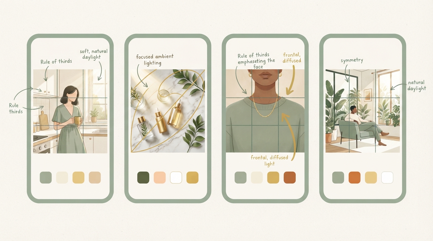 four side-by-side screens each showing a different ad photo, with handwritten-style annotation marks pointing to color palette swatches, lighting direction arrows, and composition grid lines