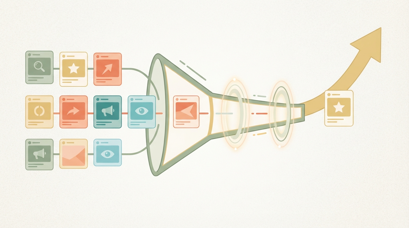 funnel diagram showing five ad variations entering from the left, narrowing through three test rounds, with one winner emerging on the right with an upward arrow