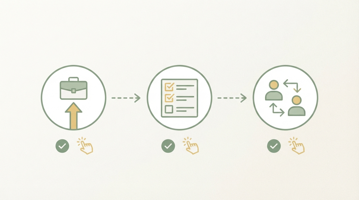 simple three-step flow as icons: (1) upload symbol (briefcase rising), (2) organize symbol (grid/checklist), (3) team symbol (two figures connecting) — left to right, with checkmarks and a cursor click-hand at each step