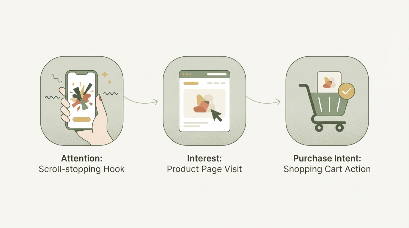 three-stage creative testing flow shown left to right with icons: attention through a scroll-stopping hook, interest through a product page visit, purchase intent through a shopping cart action, clean diagram without readable text