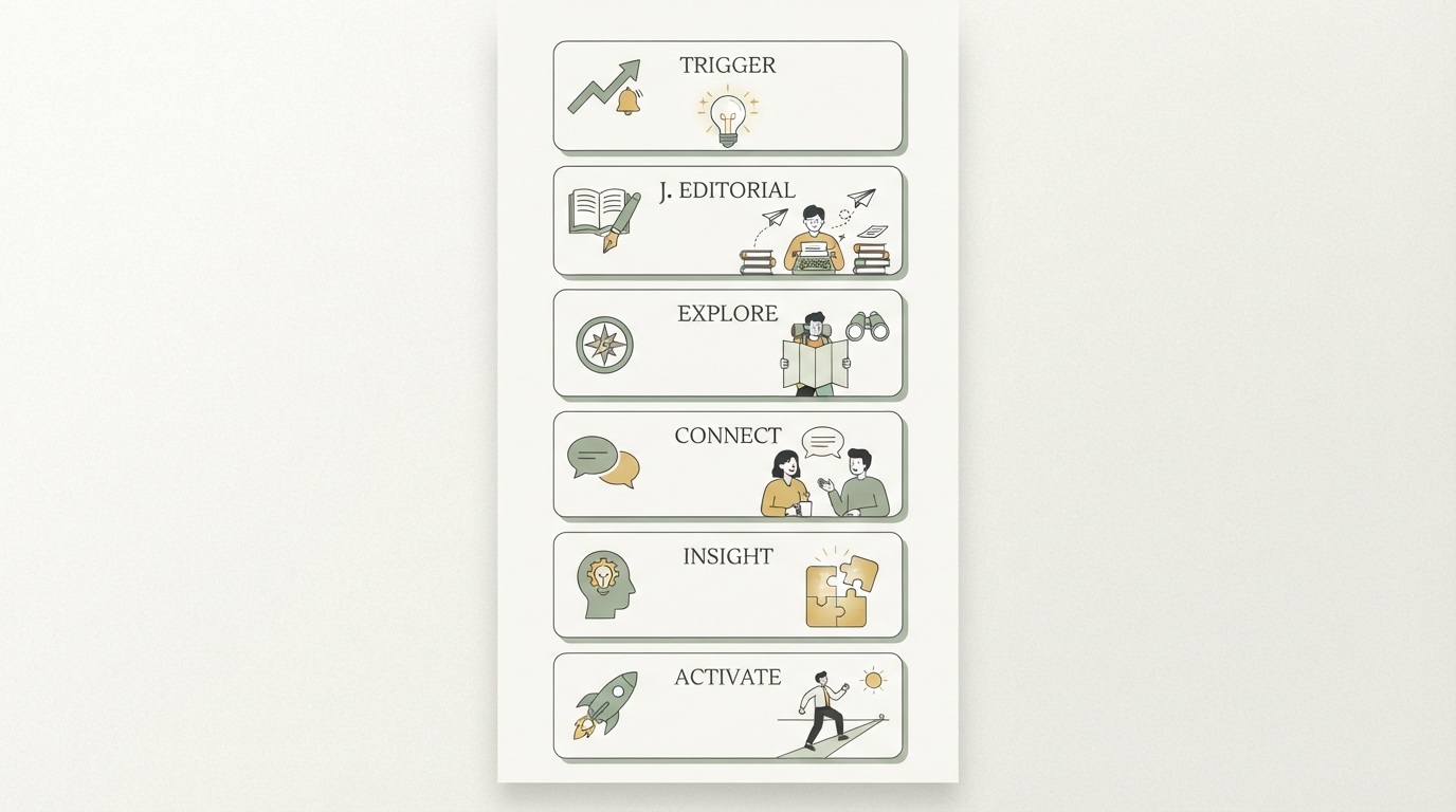 a simple one-page template mockup showing six labeled boxes stacked vertically: trigger, j