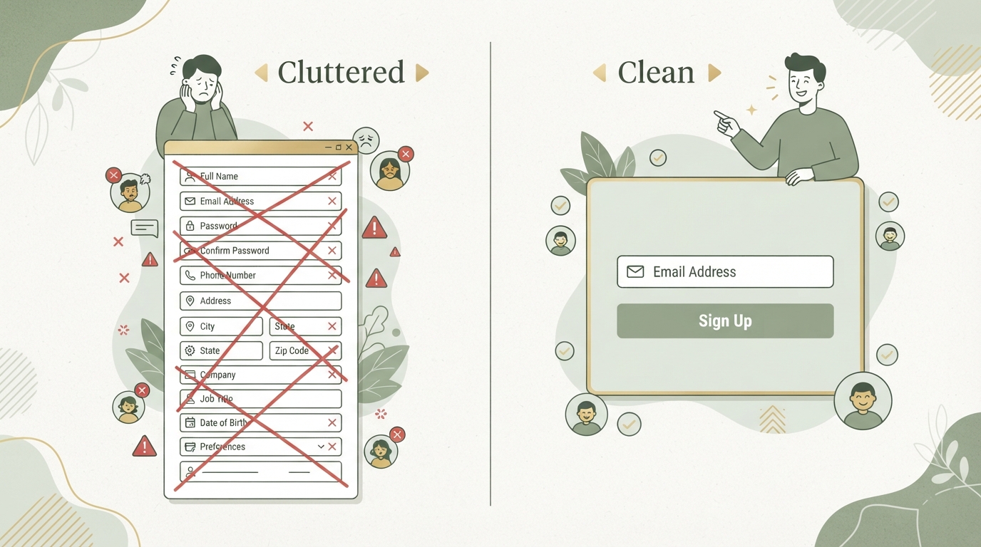 simple two-column comparison, left side labeled with a crossed-out cluttered signup form with many input fields, right side labeled with a clean minimal form with just one email field and a button, clean flat icon style