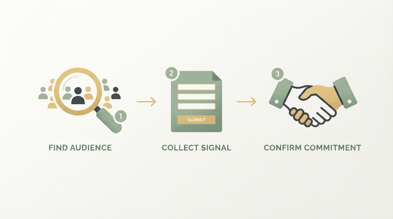 a numbered three-step flow shown as icons left to right, magnifying glass labeled step one, a simple form icon labeled step two, a handshake icon labeled step three, representing find audience, collect signal, confirm commitment