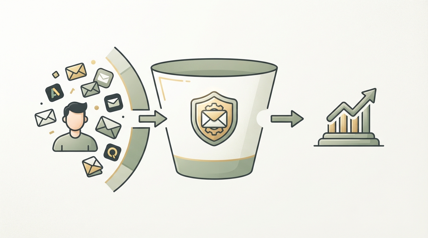 three-step funnel diagram showing icon 1 a person using multiple scattered separate email tool icons, icon 2 an arrow pointing to one consolidated unified tool icon, icon 3 a small growth chart icon representing retained customers, left to right flow, simple flat style, no text