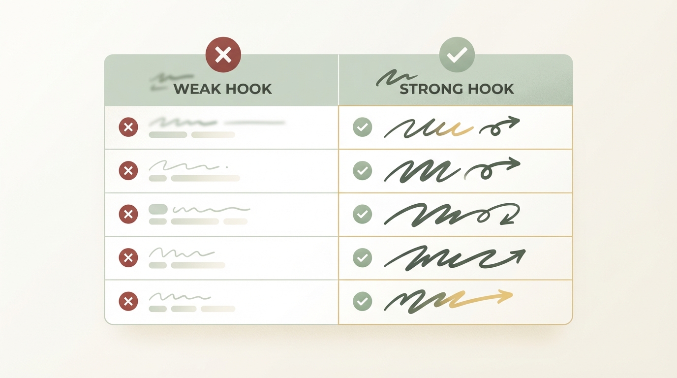 two-column comparison table mockup showing "Weak Hook" examples on left with red X icons versus "Strong Hook" rewrites on right with green checkmarks, five rows, clean minimal layout, no readable text labels