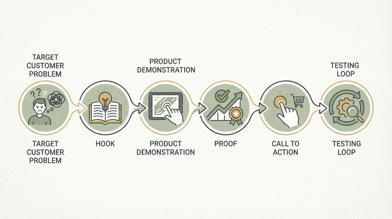 horizontal step-flow with six clear icon stages: target customer problem, hook, product demonstration, proof, call to action, testing loop; clean ecommerce content framework, no readable text