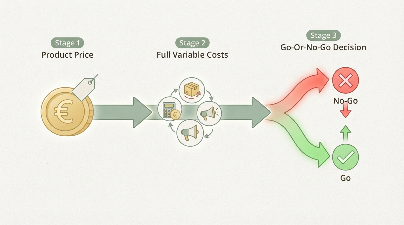 three-stage decision framework from product price to full variable costs to go-or-no-go decision, with calculator, shipping box, advertising icon, and red or green outcome paths, no readable text