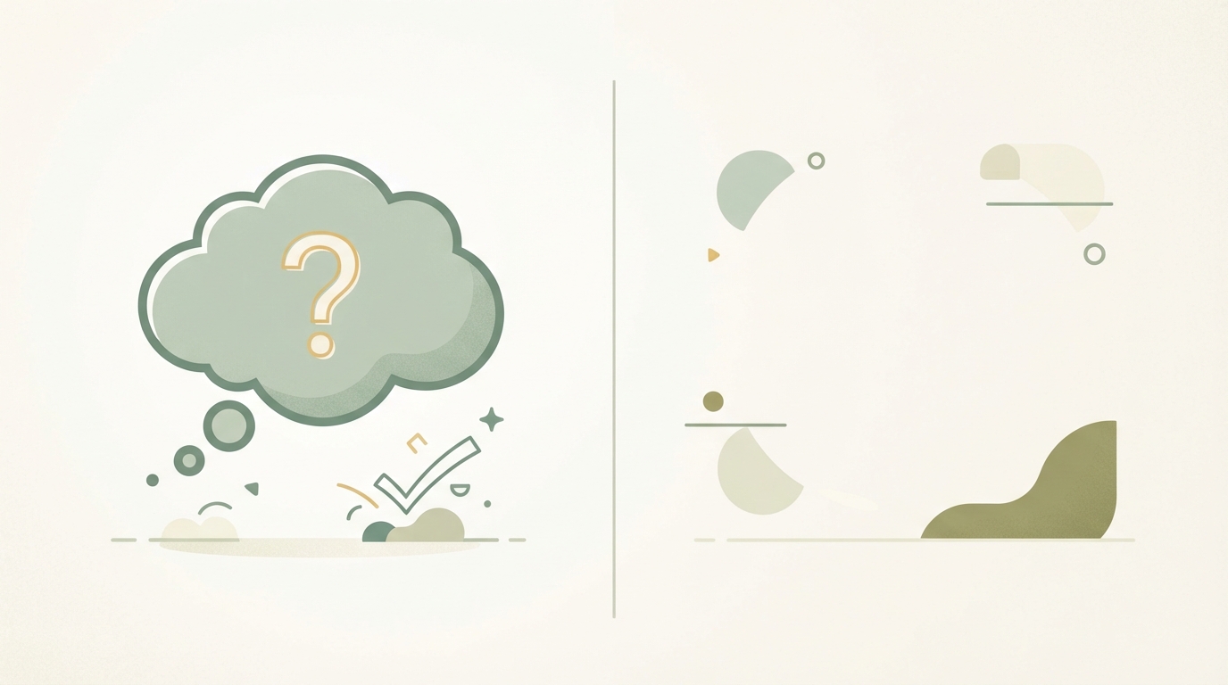 two-column comparison, left column icon of a lonely thought bubble labeled with a question