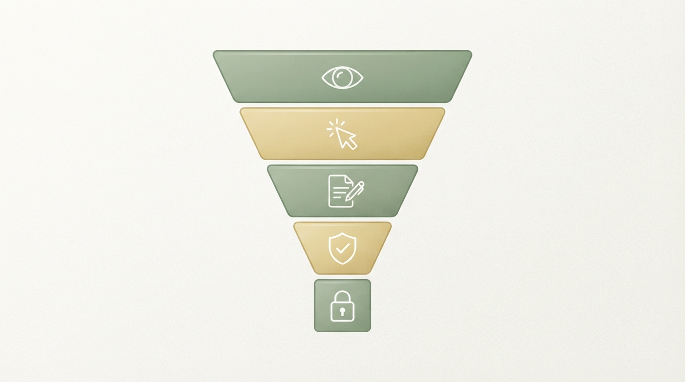 simple funnel diagram showing five stages narrowing from wide to narrow, labeled only with icons for eye, click, form, checkmark and lock, representing visit, click, form fill, signup, trust