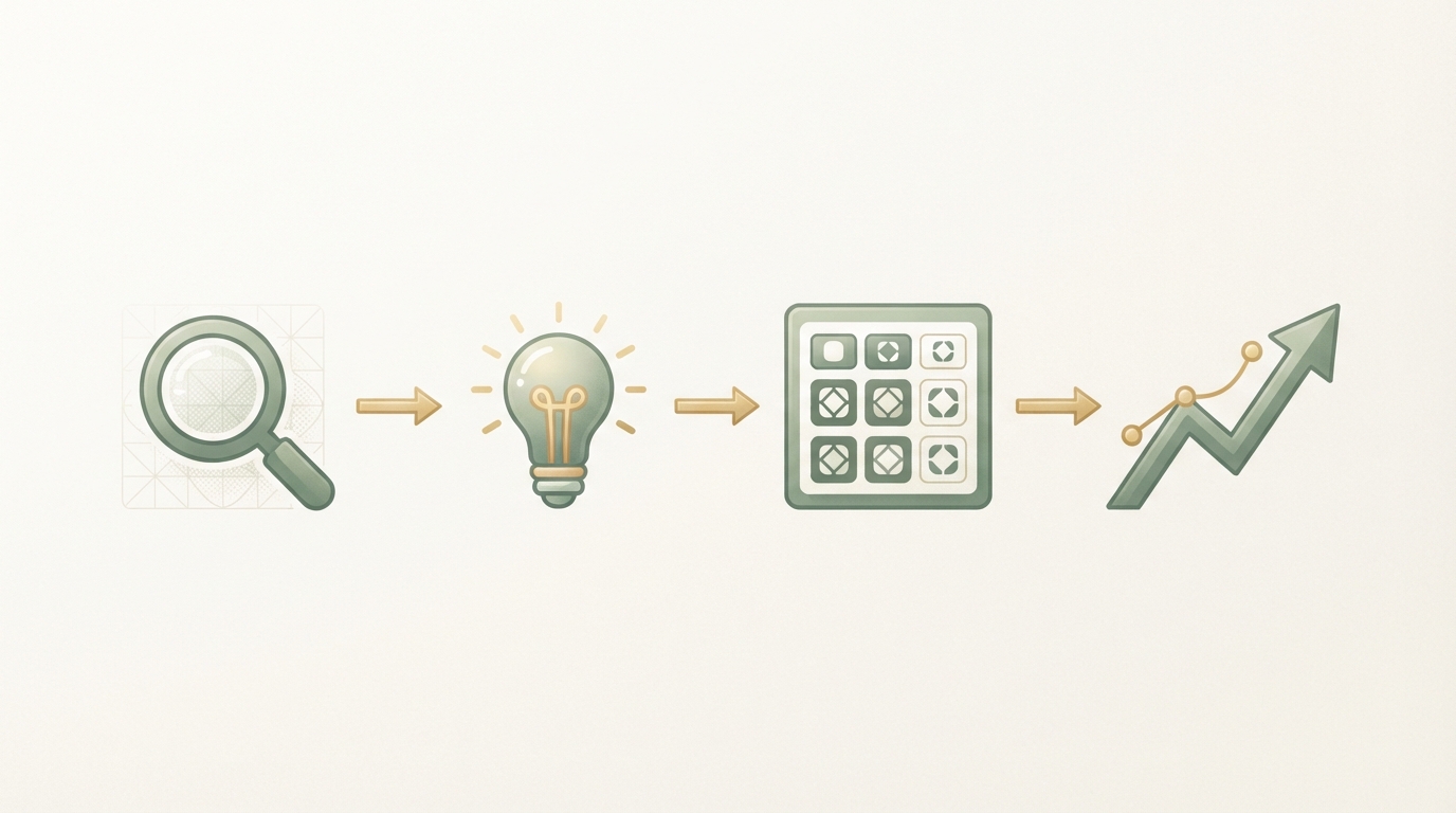 step-flow diagram with four connected stages left to right, icons only, no text: a magnifying glass for research, a lightbulb for concept, a grid of three thumbnail variants for testing, and an upward arrow chart for scaling the winner