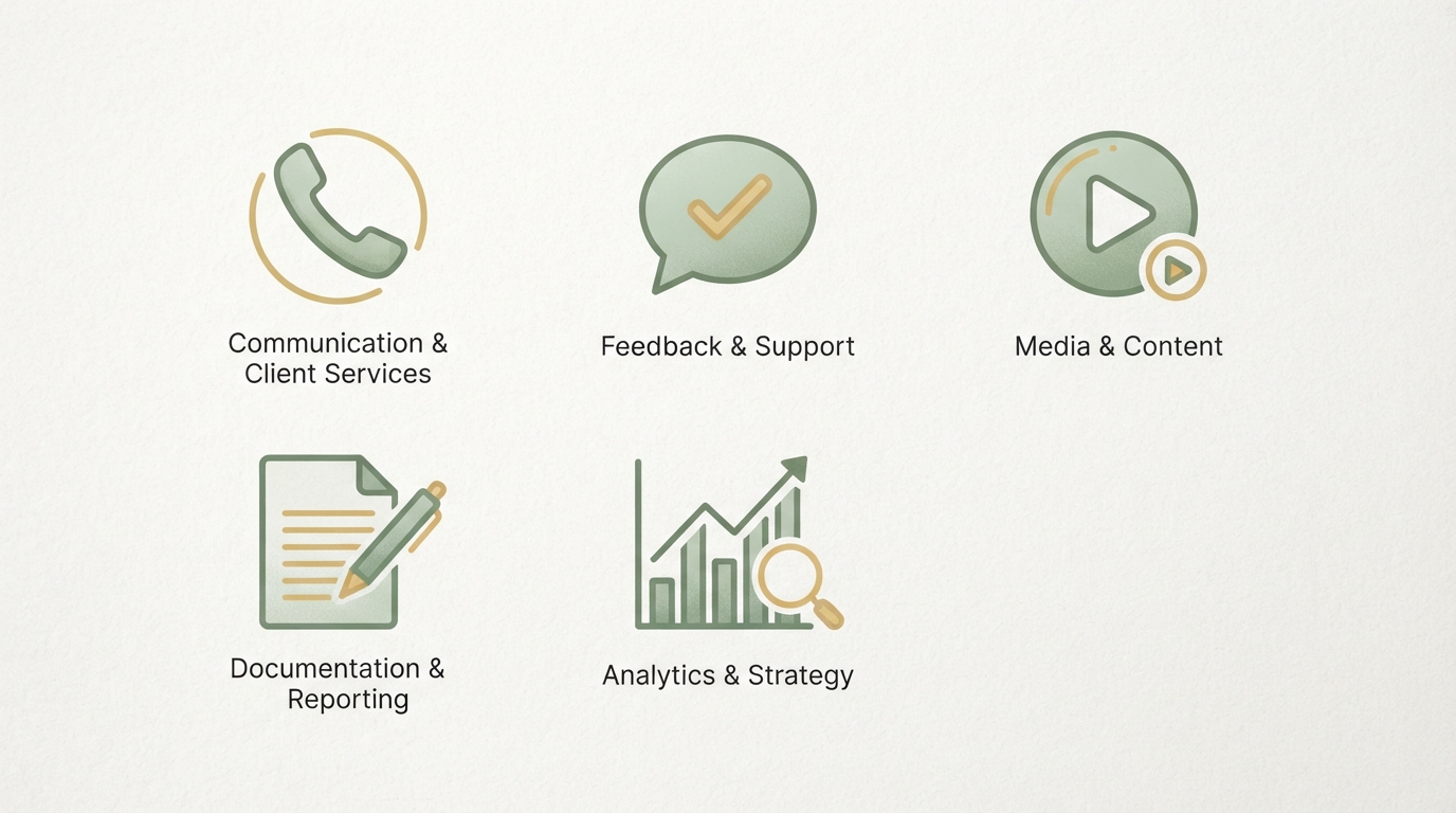 five simple icons arranged in a grid, each representing a different business field — a phone handset, a speech bubble with checkmark, a video play button, a document with lines, a bar chart with magnifying glass, no readable text