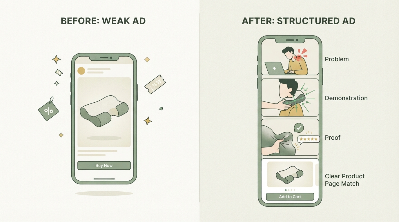 before and after comparison of a weak dropshipping ad and a structured ad, left showing product only, right showing problem, demonstration, proof and clear product page match, no readable text