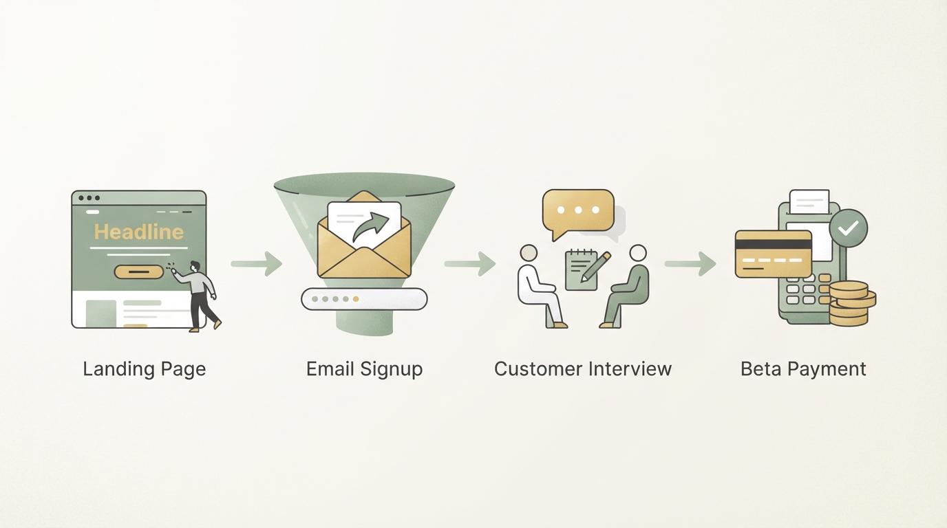 simple four-step funnel diagram showing landing page, email signup, customer interview, and beta payment as connected icons left to right