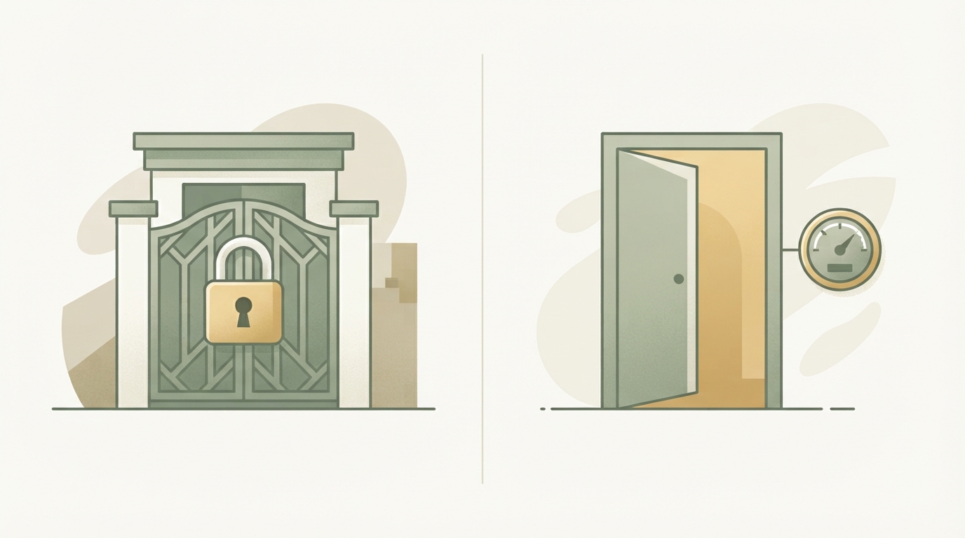 a two-column before-after style comparison graphic, left column showing a generic paid-signup-wall icon with a locked padlock, right column showing an open door icon with a small counter or gauge showing a daily usage limit, no readable text, just icons and simple shapes