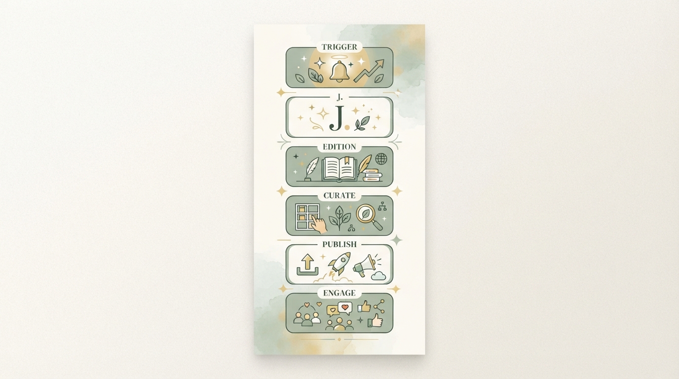 a simple one-page template mockup showing six labeled boxes stacked vertically: trigger, j