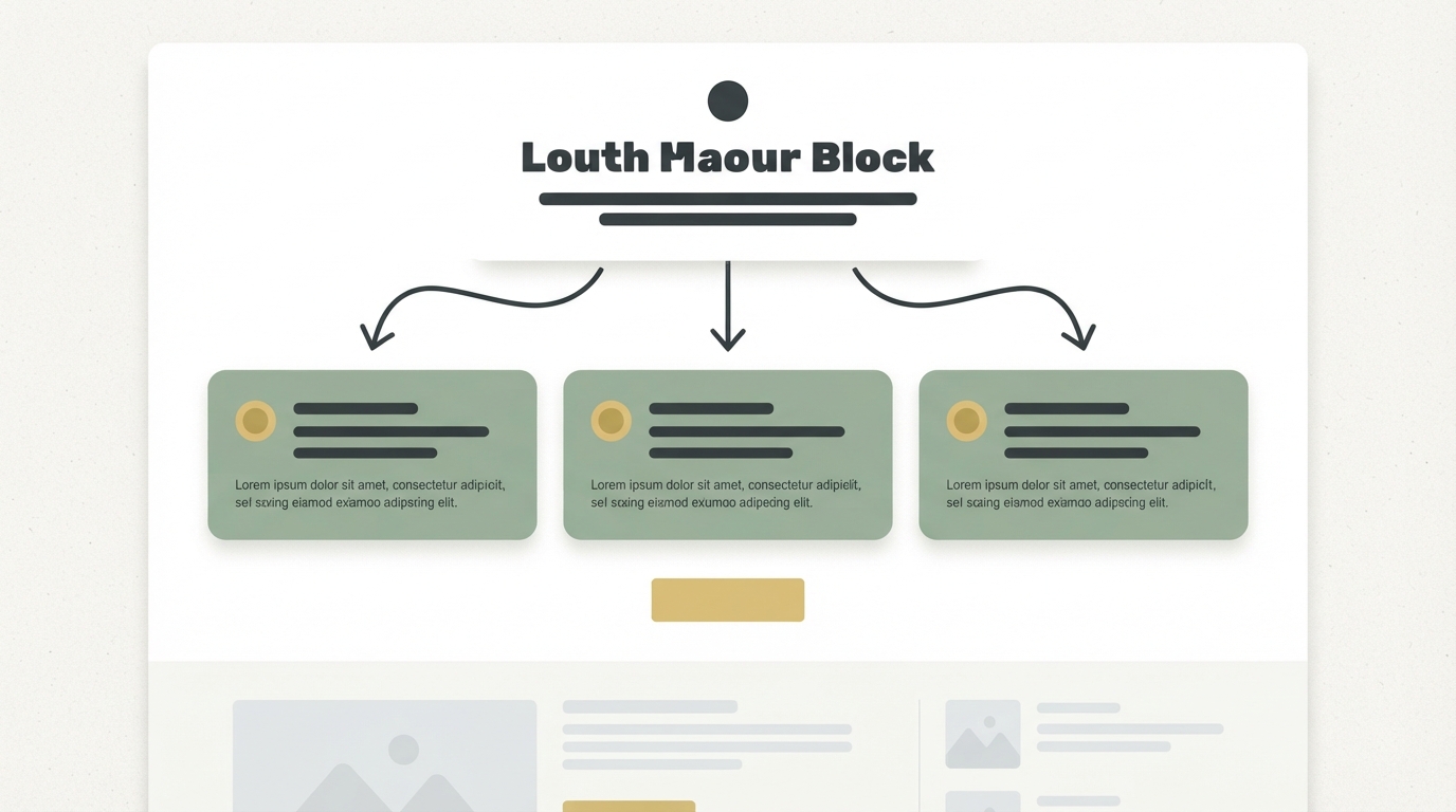 a landing page mockup wireframe with one bold headline block at the top and three short supporting feature blocks below, arrows showing the headline as the source and features branching from it, flat wireframe style, no readable text