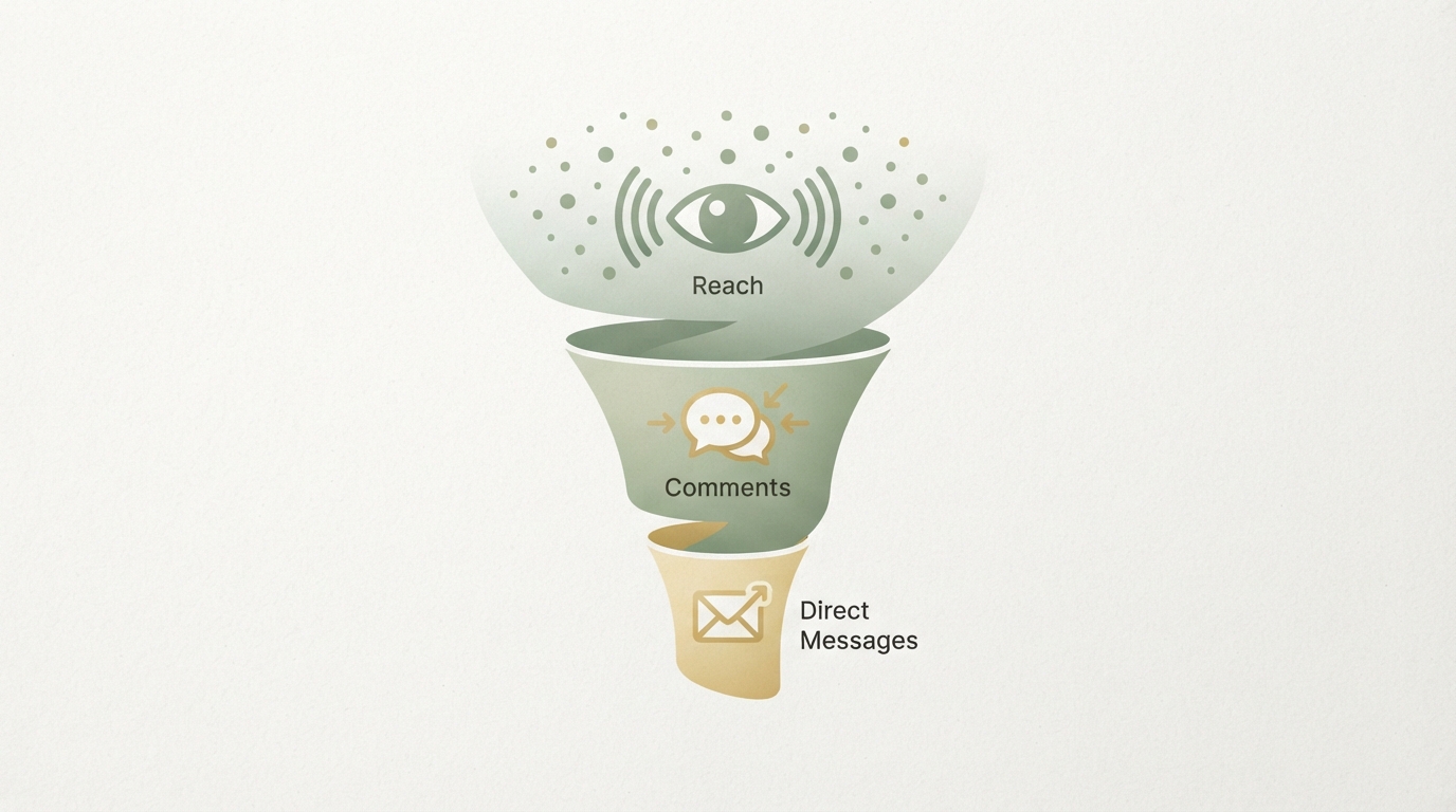 simple funnel diagram with three stacked stages icon-only, top wide bar shrinking to middle bar shrinking to narrow bottom bar, representing reach then comments then direct messages