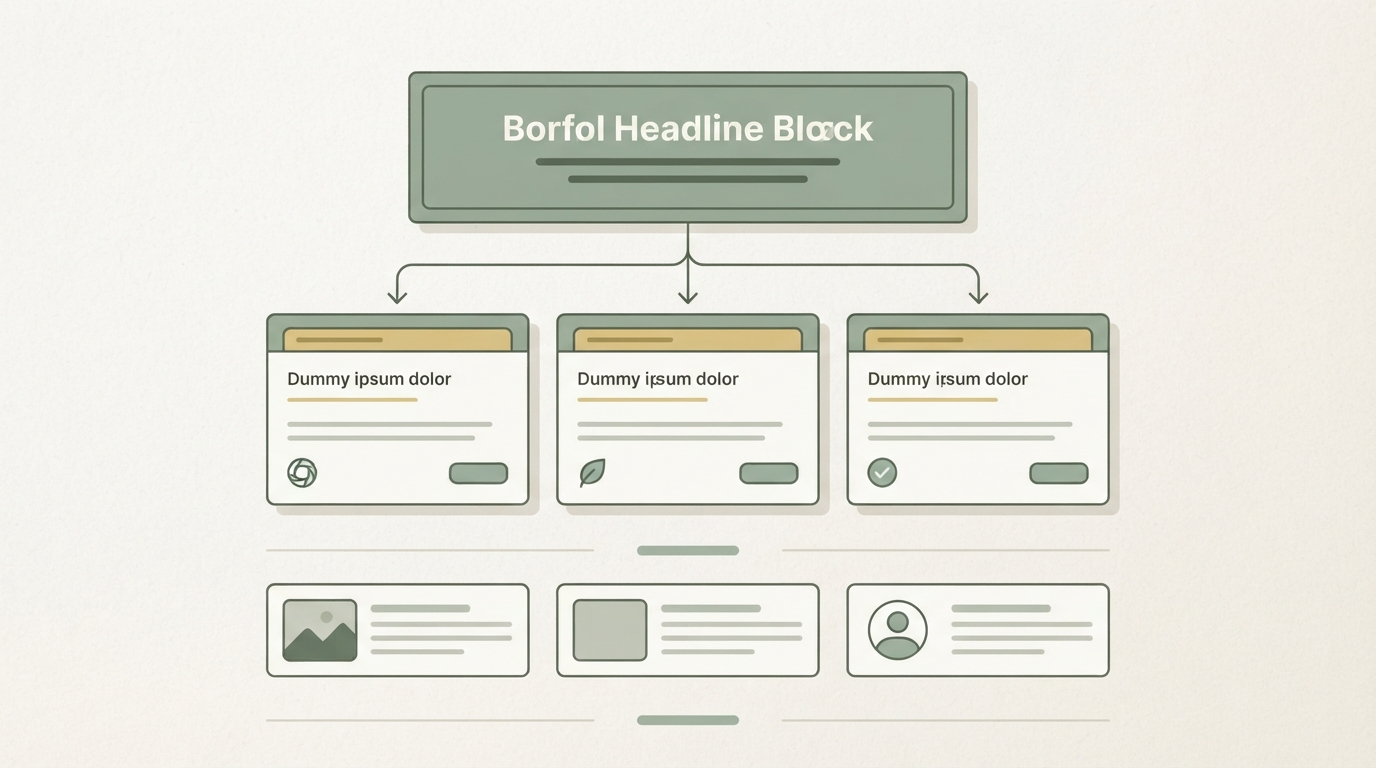 a landing page mockup wireframe with one bold headline block at the top and three short supporting feature blocks below, arrows showing the headline as the source and features branching from it, flat wireframe style, no readable text