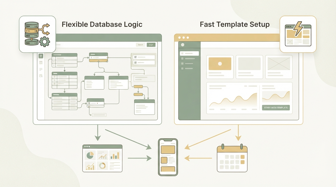 side-by-side comparison of two app-builder interfaces, one labeled with icon for "flexible database logic" and one with icon for "fast template setup", connected by arrows to different SaaS type icons like dashboard, mobile phone, calendar