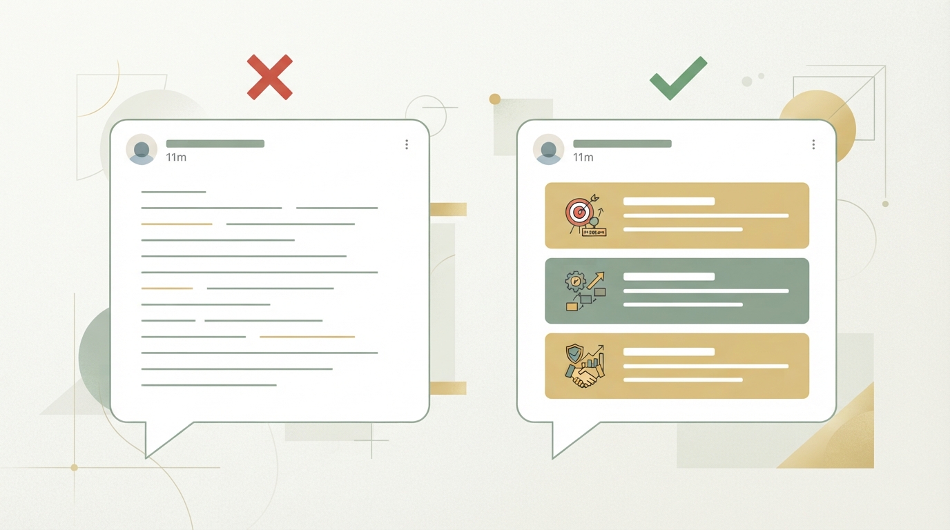 side-by-side comparison of two LinkedIn message bubbles, left labeled with a red X showing a generic sales pitch structure as blocks, right labeled with a green check showing problem-process-proof structure as three stacked blocks, minimal flat icon style, no readable text