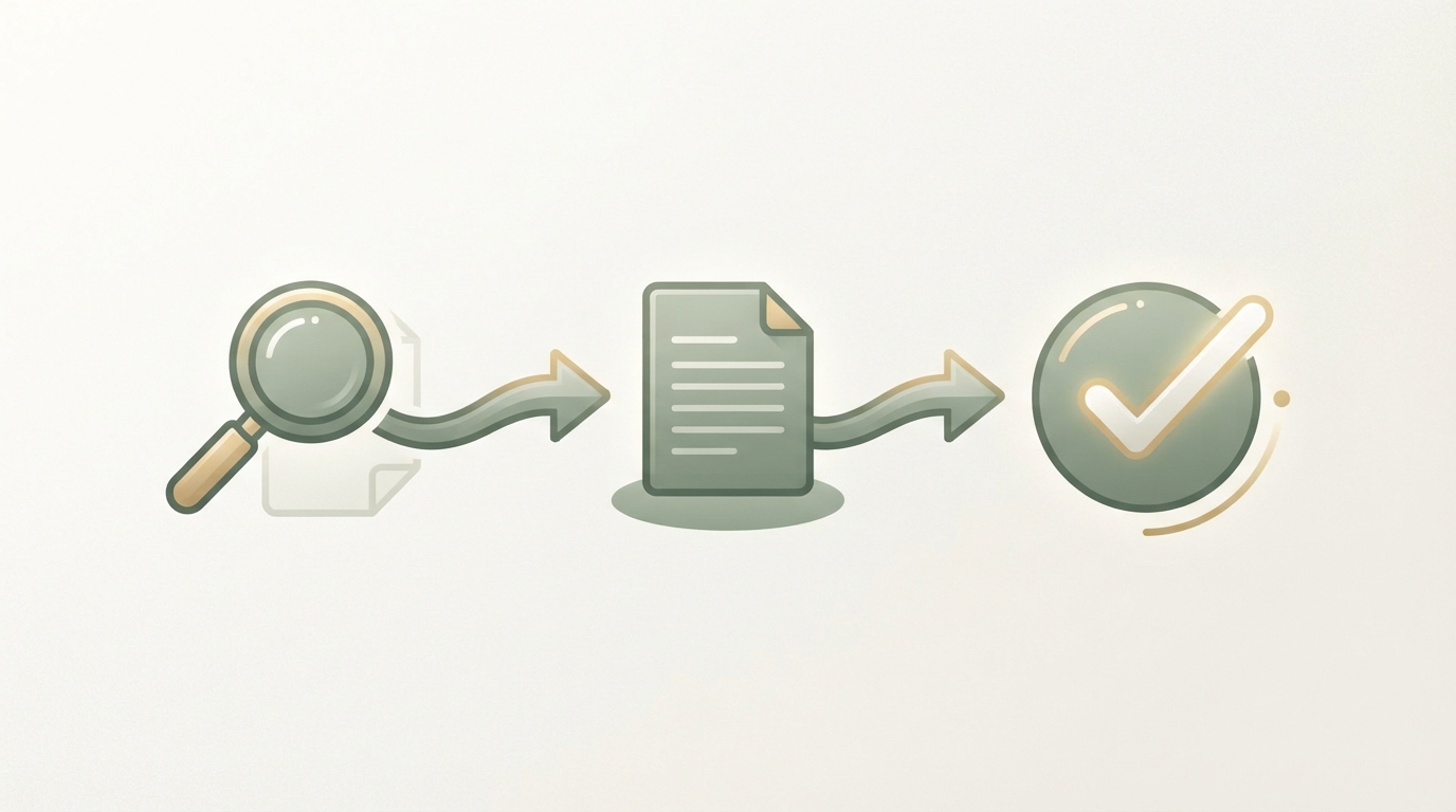 three connected stages shown as icons left to right: magnifying glass for search, document for briefing, checkmark for delivered content