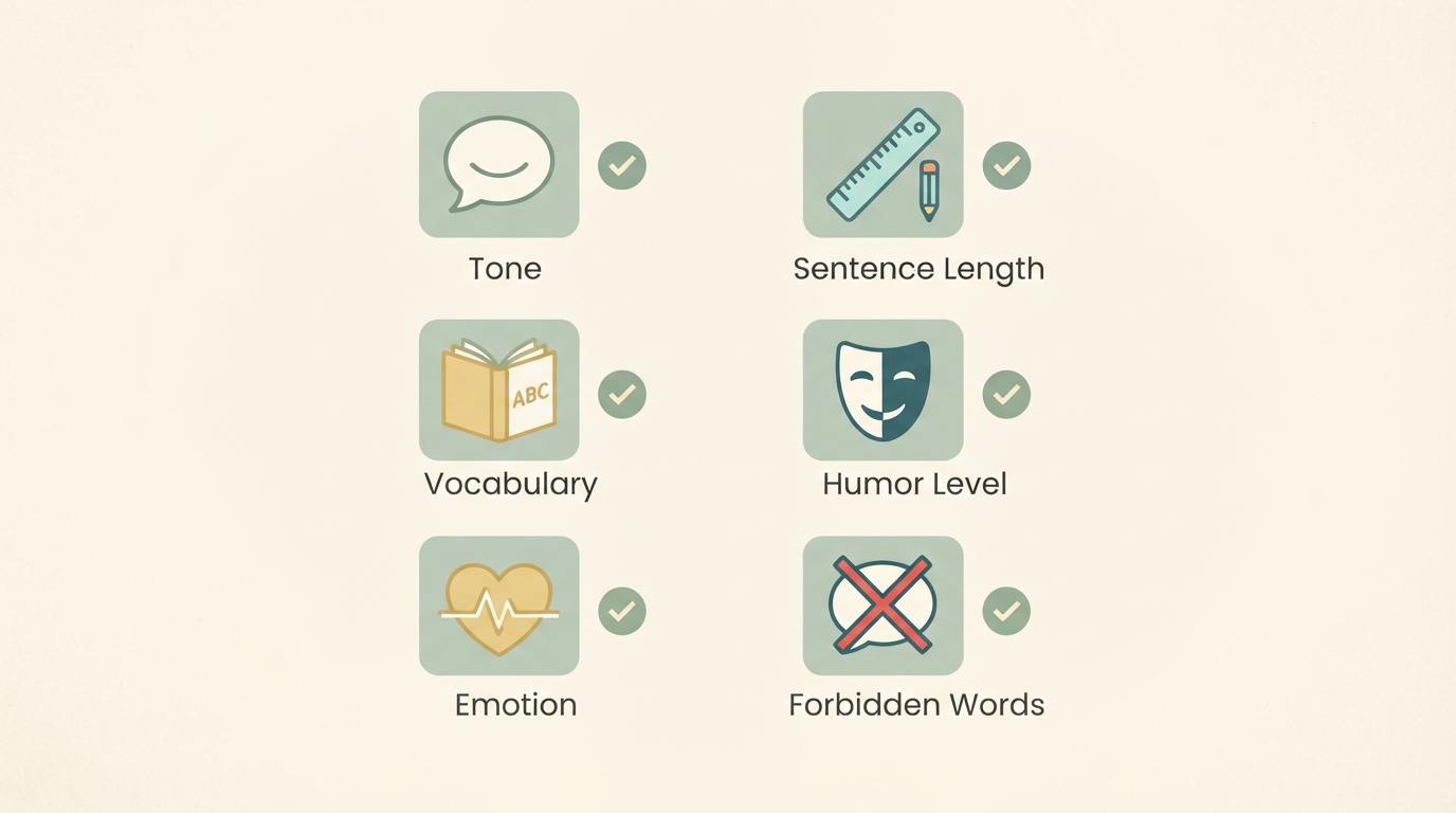six-criteria checklist icons in two columns, labeled by pictogram not text: speech bubble for tone, ruler for sentence length, book for vocabulary, mask for humor level, heart for emotion, crossed-out speech bubble for forbidden words