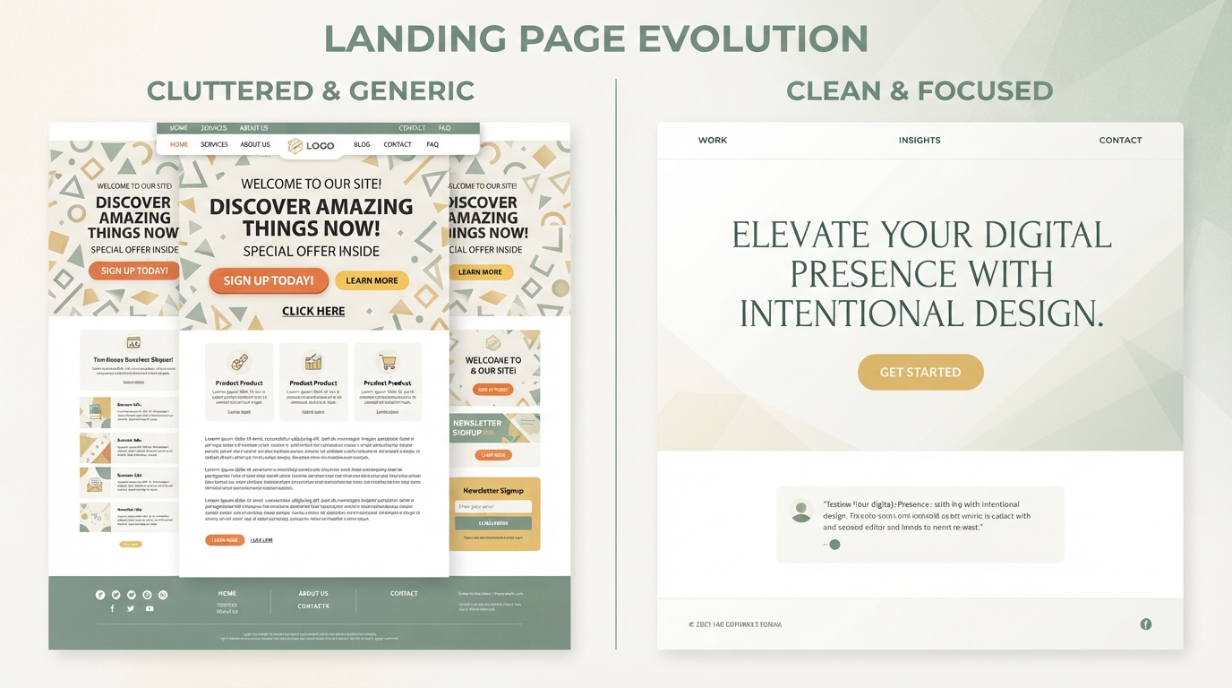 before and after comparison of a landing page, left side cluttered and generic, right side clean with one clear headline and single call to action button