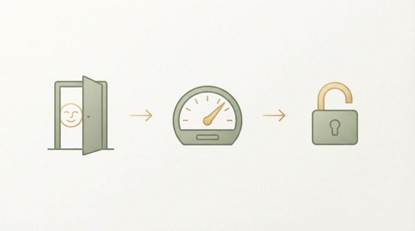 a simple horizontal funnel diagram with three stages as icons — an open door labeled with a face icon for free entry, a gauge/meter icon for the daily quota limit, and a lock-unlock icon for the paid upgrade, connected by arrows left to right